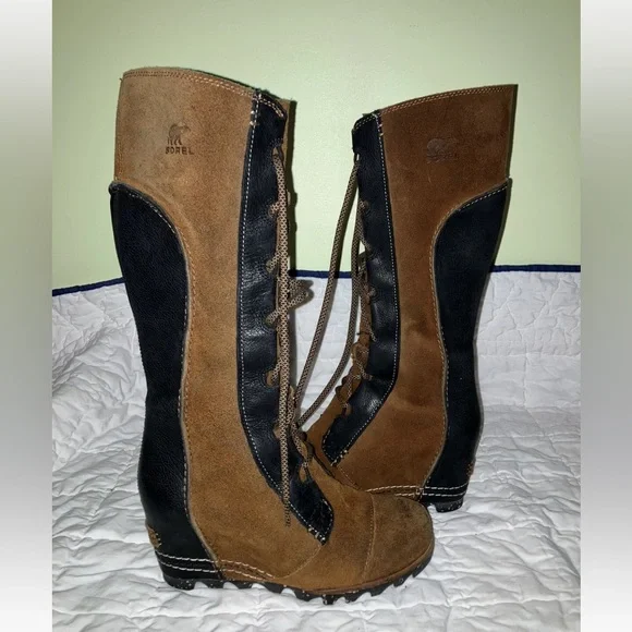 Sorel Cate the Great leather suede tall lace up boots shoes 6.5 6 1/2 fur lined